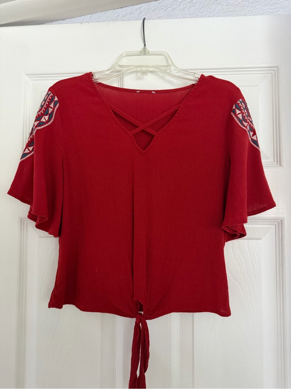 Red 70s Style Culotte Blouse Crisscross Tie-Front Women’s Top